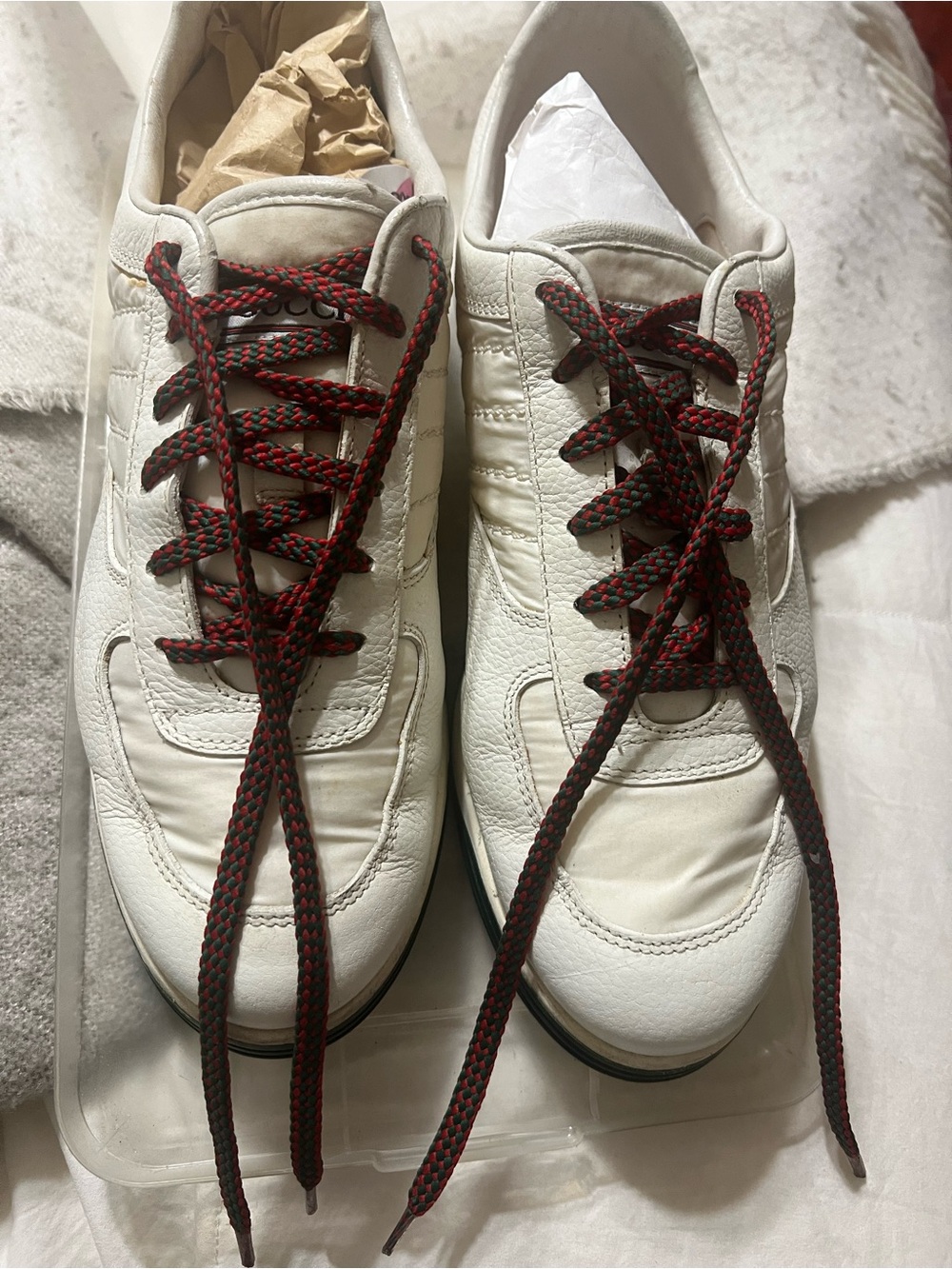Gucci White Leather Sneakers with Red & Black Laces